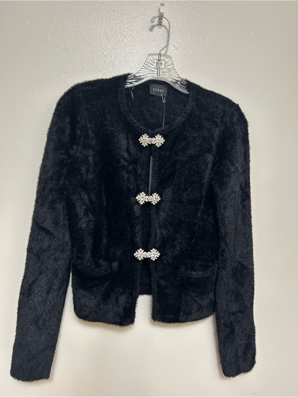 Cyrus Black Faux Fur Teddy Jacket with Jeweled Floral Closures Size-XS